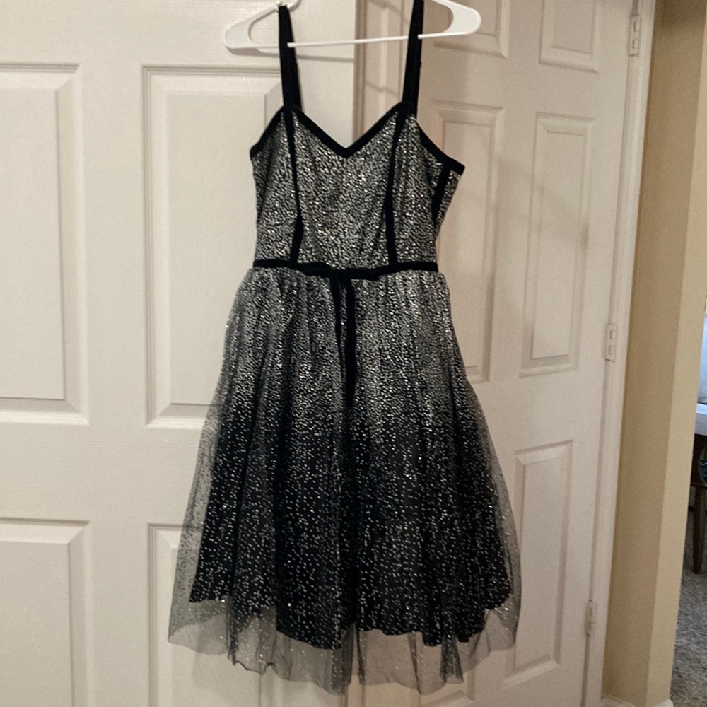 Black and silver party dress with velvet trim. Size L